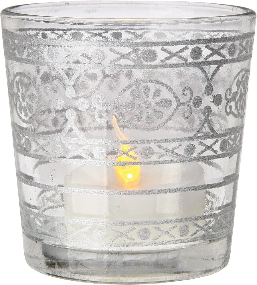 Glass Candle Holder (2.5-Inch, Elisa Design, Clear, Mehndi Silver Accents) - For Use with Tea Lights - For Home Decor, Parties and Wedding Decorations - PaperLanternStore.com - Paper Lanterns, Decor, Party Lights &amp; More