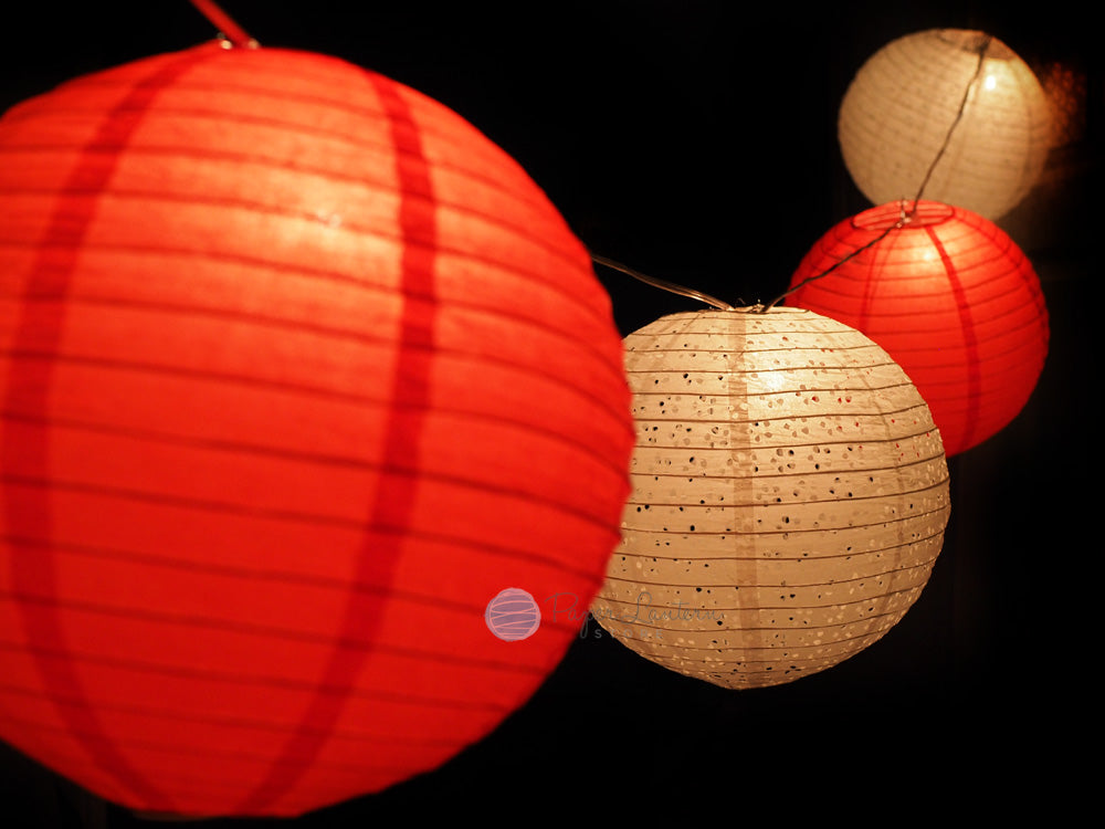12&quot; Valentine&#39;s Day Red / White Lace Paper Lantern String Light COMBO Kit (21 FT, EXPANDABLE, White Cord) - PaperLanternStore.com - Paper Lanterns, Decor, Party Lights &amp; More