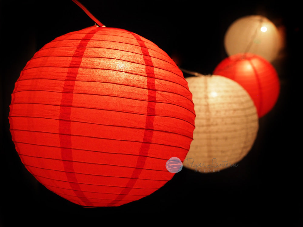 12&quot; Valentine&#39;s Day Red / White Lace Paper Lantern String Light COMBO Kit (21 FT, EXPANDABLE, White Cord) - PaperLanternStore.com - Paper Lanterns, Decor, Party Lights &amp; More