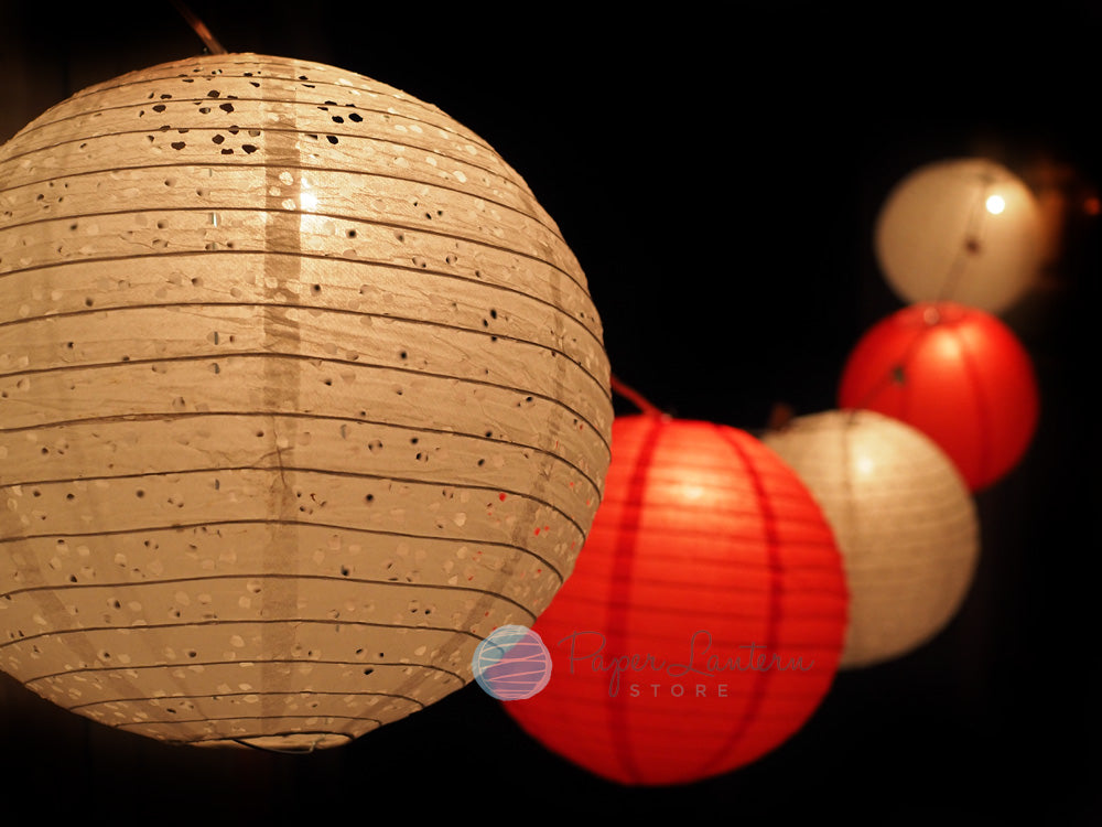 12&quot; Valentine&#39;s Day Red / White Lace Paper Lantern String Light COMBO Kit (21 FT, EXPANDABLE, White Cord) - PaperLanternStore.com - Paper Lanterns, Decor, Party Lights &amp; More