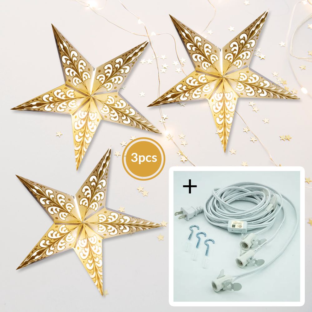 3-PACK + Cord | Gold Glitter Wave 24&quot; Illuminated Paper Star Lanterns and Lamp Cord Hanging Decorations - PaperLanternStore.com - Paper Lanterns, Decor, Party Lights &amp; More