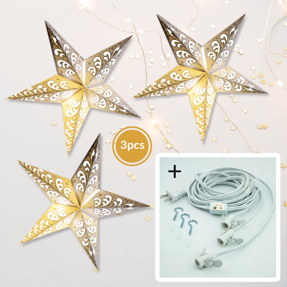 3-PACK + Cord | Silver Glitter Wave 24&quot; Illuminated Paper Star Lanterns and Lamp Cord Hanging Decorations - PaperLanternStore.com - Paper Lanterns, Decor, Party Lights &amp; More