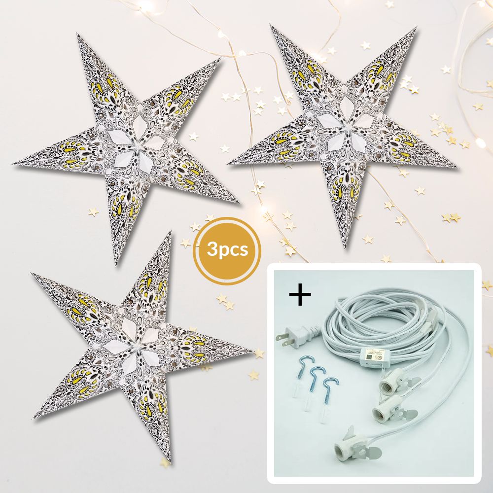 3-PACK + Cord | White Galaxy 24&quot; Illuminated Paper Star Lanterns and Lamp Cord Hanging Decorations - PaperLanternStore.com - Paper Lanterns, Decor, Party Lights &amp; More