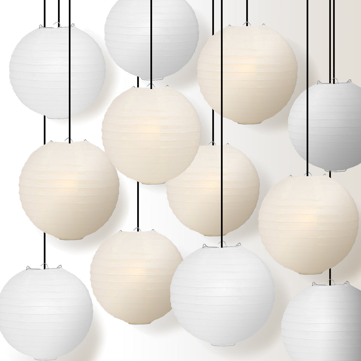 12-Piece Wedding White and Beige Paper Lantern Party Pack Set - PaperLanternStore.com - Paper Lanterns, Decor, Party Lights &amp; More