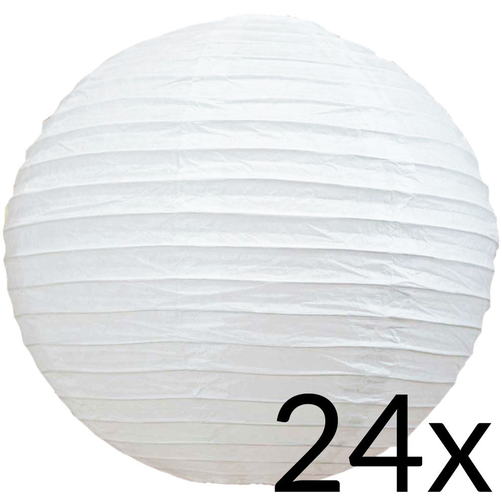 24 White Round Paper Lantern, Even Ribbing, Hanging Decoration