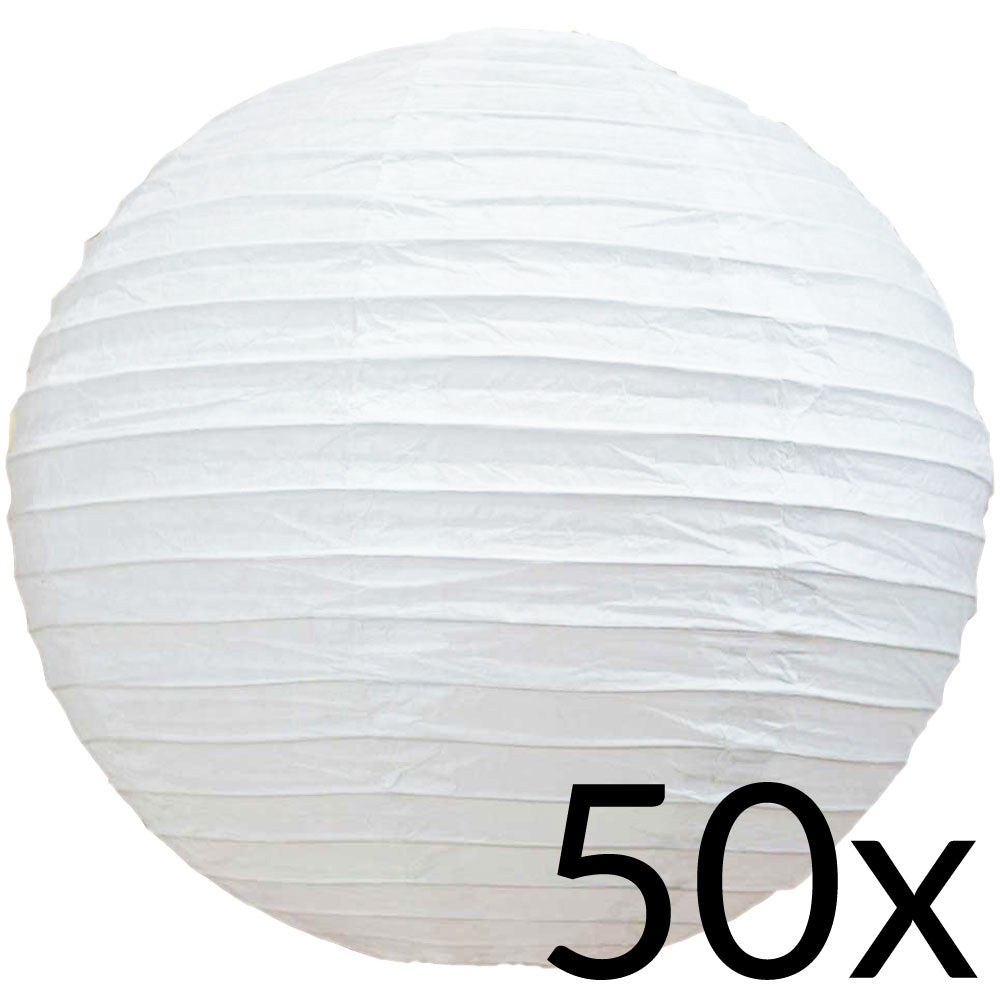 BULK PACK (50) 8" White Round Paper Lanterns, Even Ribbing, Hanging Decoration