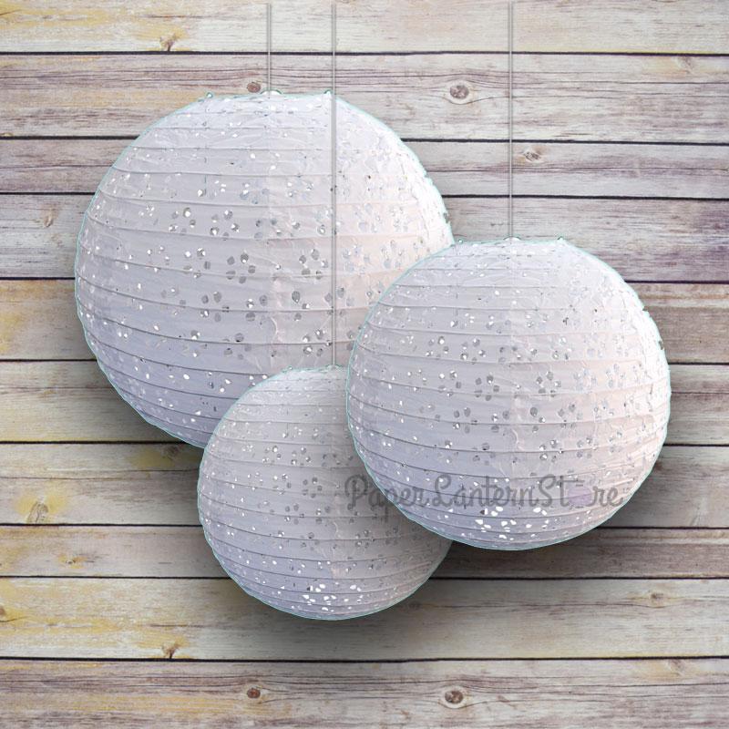 6/8/10" White Eyelet Lace Look Round Paper Lanterns, Even Ribbing (3-Pack Cluster) - PaperLanternStore.com - Paper Lanterns, Decor, Party Lights & More
