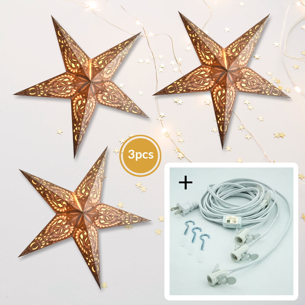 3-PACK + Cord | Gold Alaskan Glitter 24&quot; Illuminated Paper Star Lanterns and Lamp Cord Hanging Decorations - PaperLanternStore.com - Paper Lanterns, Decor, Party Lights &amp; More