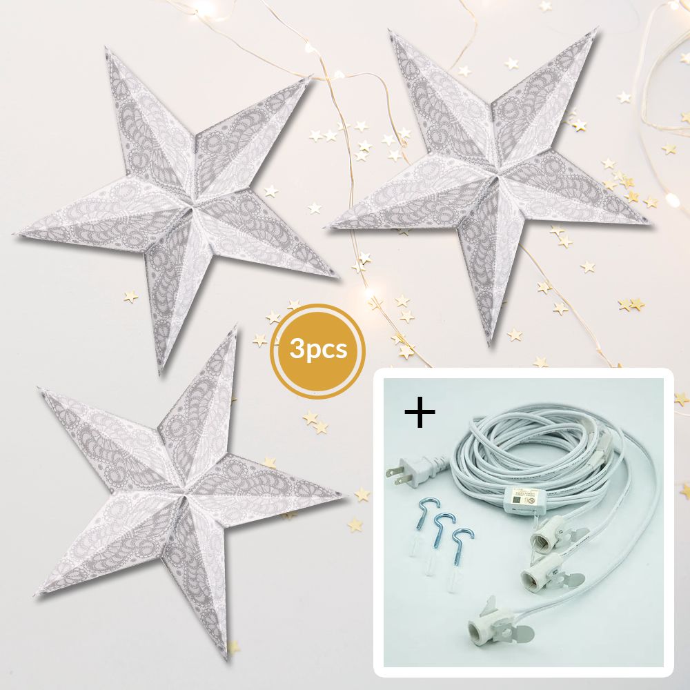 3-PACK + Cord | White Peacock 24&quot; Illuminated Paper Star Lanterns and Lamp Cord Hanging Decorations - PaperLanternStore.com - Paper Lanterns, Decor, Party Lights &amp; More