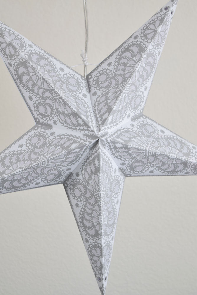 24" White Grey Peacock Paper Star Lantern, Hanging - PaperLanternStore.com - Paper Lanterns, Decor, Party Lights & More