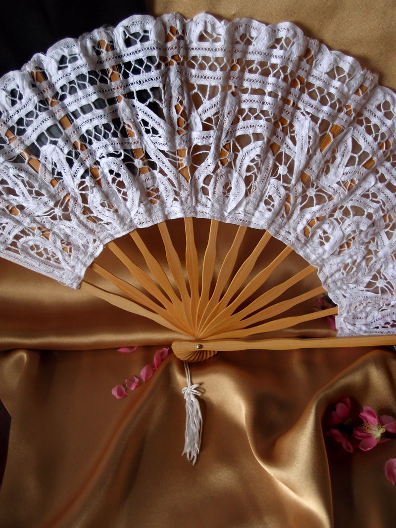 11&quot; White Lace Hand Fan for Weddings - PaperLanternStore.com - Paper Lanterns, Decor, Party Lights &amp; More