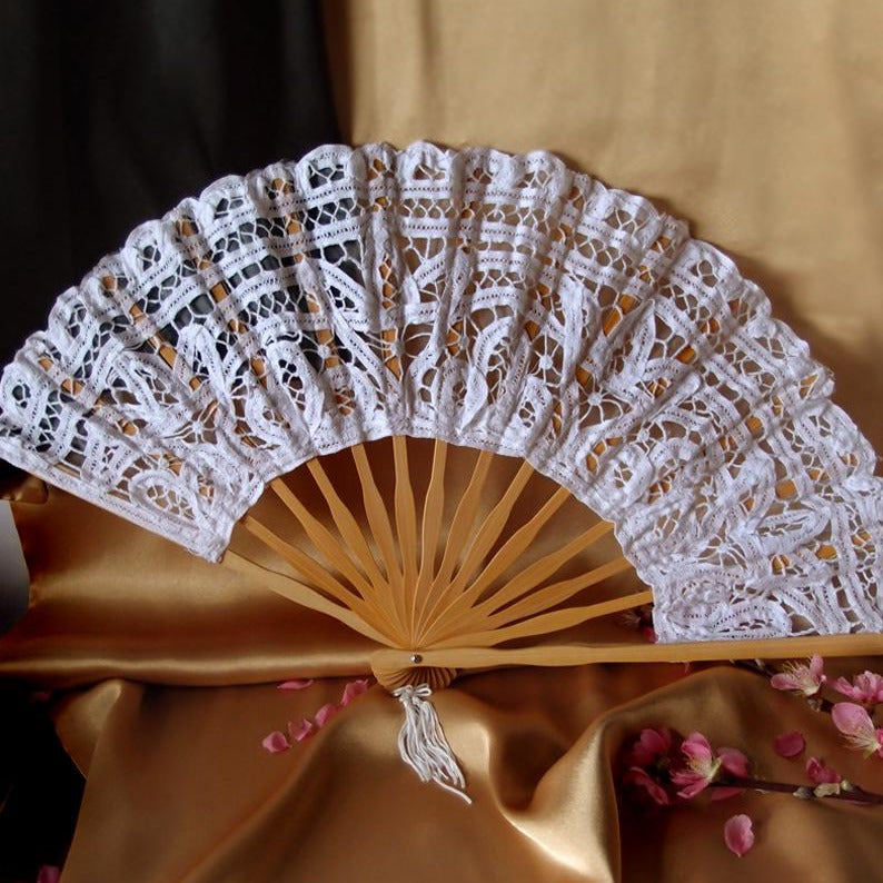 11" White Lace Hand Fan for Weddings - PaperLanternStore.com - Paper Lanterns, Decor, Party Lights & More