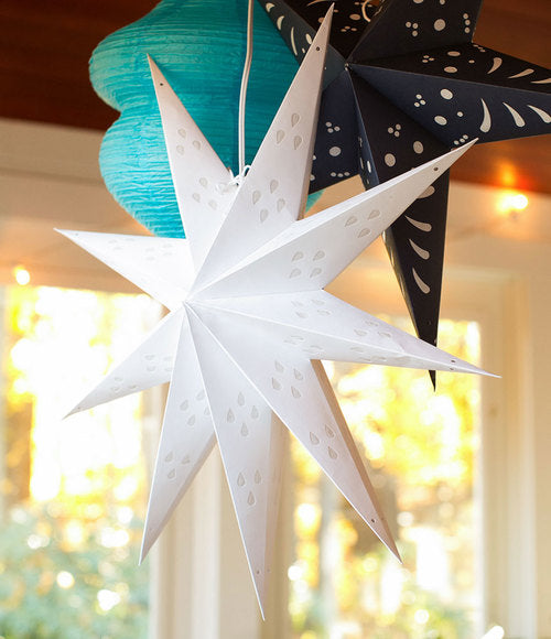 3-PACK + Cord | White Nova 9 Point 20" Illuminated Paper Star Lanterns and Lamp Cord Hanging Decorations - PaperLanternStore.com - Paper Lanterns, Decor, Party Lights & More