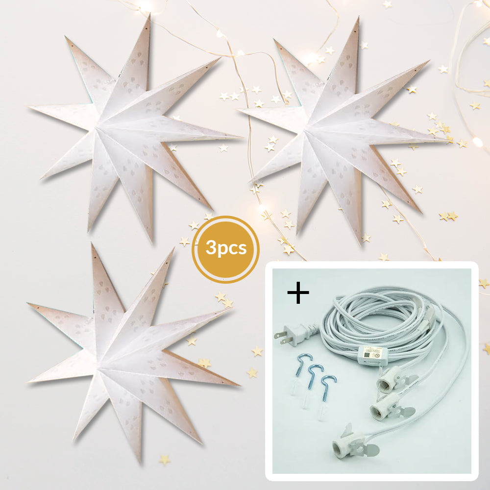 3-PACK + Cord | White Nova 9 Point 20" Illuminated Paper Star Lanterns and Lamp Cord Hanging Decorations - PaperLanternStore.com - Paper Lanterns, Decor, Party Lights & More