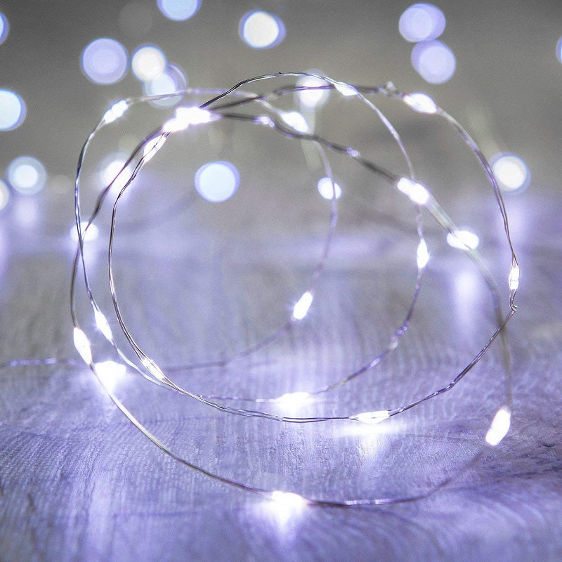 7.5 FT|20 LED Battery Operated Cool White Fairy String Lights With Silver Wire - PaperLanternStore.com - Paper Lanterns, Decor, Party Lights &amp; More