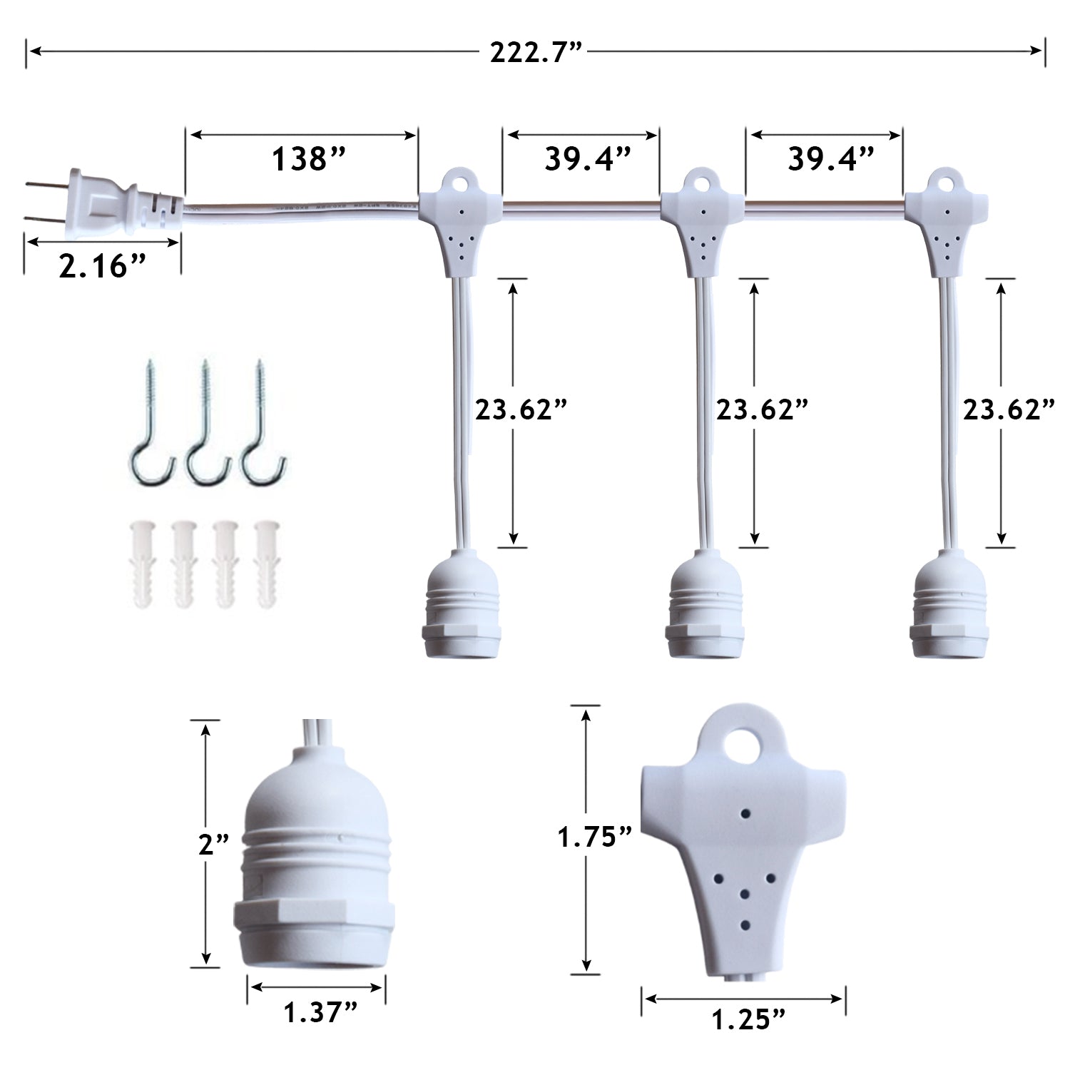 Triple Socket White Weatherproof Outdoor Pendant Light Lamp Cord for Lanterns, E26, 19 FT