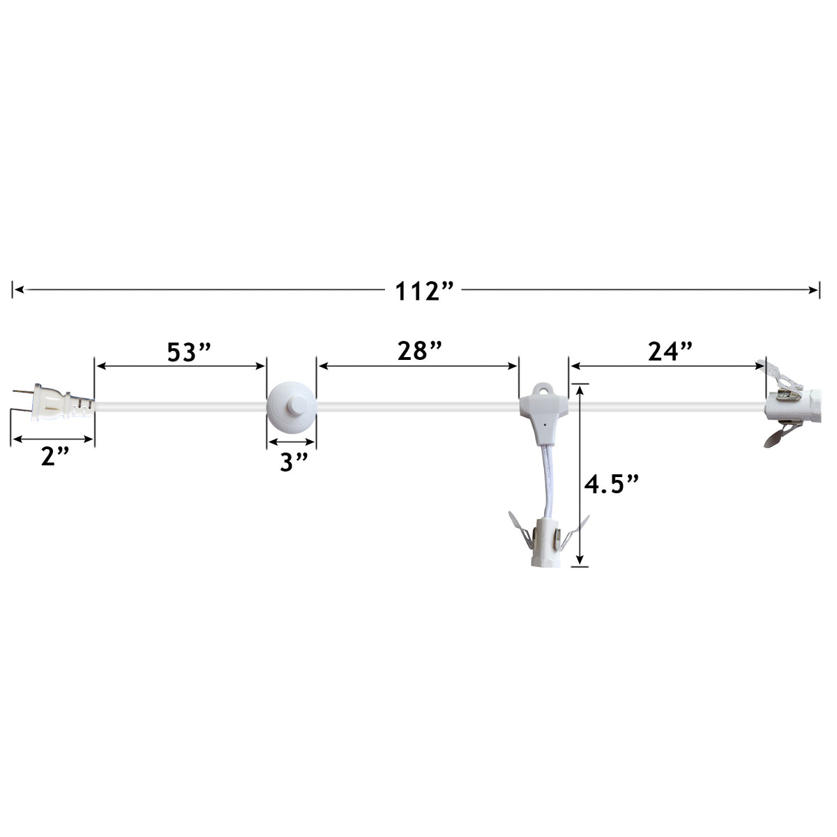 Floor Lamp Cord with Foot Switch dimensions - from plug to floor switch to each socket.