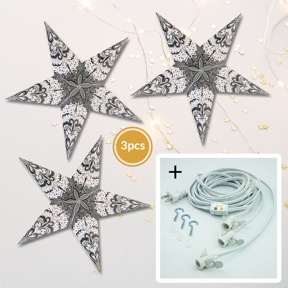 3-PACK + Cord | White Rain 24&quot; Illuminated Paper Star Lanterns and Lamp Cord Hanging Decorations - PaperLanternStore.com - Paper Lanterns, Decor, Party Lights &amp; More