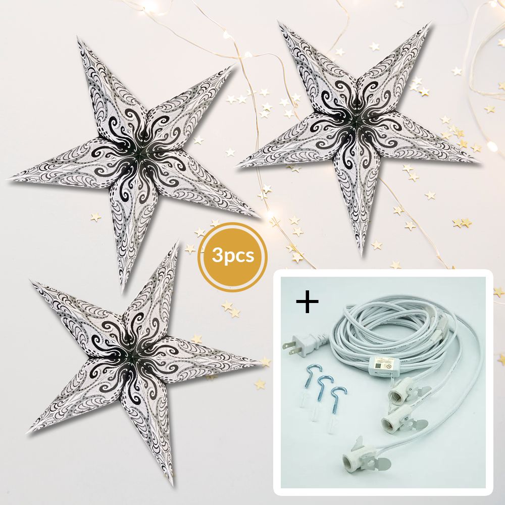 3-PACK + Cord | White Splash 24" Illuminated Paper Star Lanterns and Lamp Cord Hanging Decorations - PaperLanternStore.com - Paper Lanterns, Decor, Party Lights & More