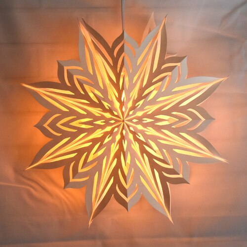 3-PACK + Cord | White Winter Rune 18&quot; Pizzelle Designer Illuminated Paper Star Lanterns and Lamp Cord Hanging Decorations - PaperLanternStore.com - Paper Lanterns, Decor, Party Lights &amp; More
