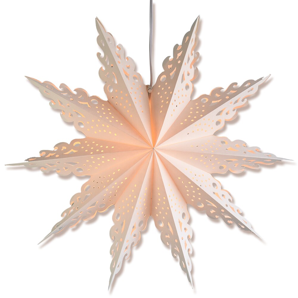 3-PACK + Cord | White Winter Ice Crystal 24&quot; Pizzelle Designer Illuminated Paper Star Lanterns and Lamp Cord Hanging Decorations - PaperLanternStore.com - Paper Lanterns, Decor, Party Lights &amp; More