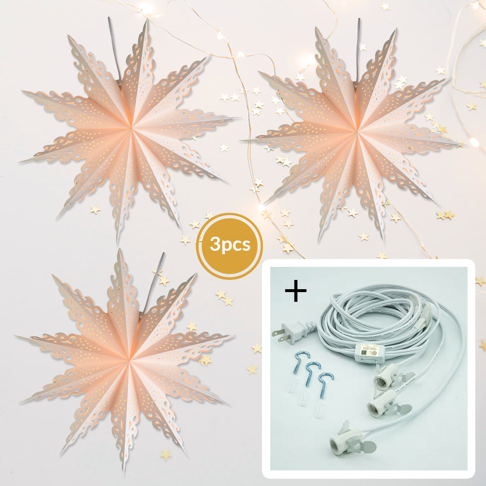 3-PACK + Cord | White Winter Ice Crystal 24&quot; Pizzelle Designer Illuminated Paper Star Lanterns and Lamp Cord Hanging Decorations - PaperLanternStore.com - Paper Lanterns, Decor, Party Lights &amp; More