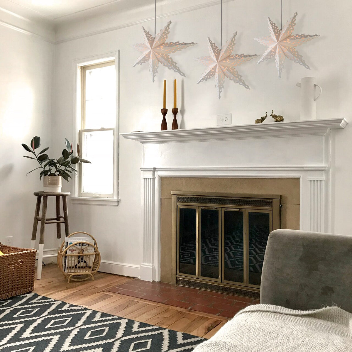 3-PACK + Cord | White Winter North Star 24&quot; Pizzelle Designer Illuminated Paper Star Lanterns and Lamp Cord Hanging Decorations - PaperLanternStore.com - Paper Lanterns, Decor, Party Lights &amp; More