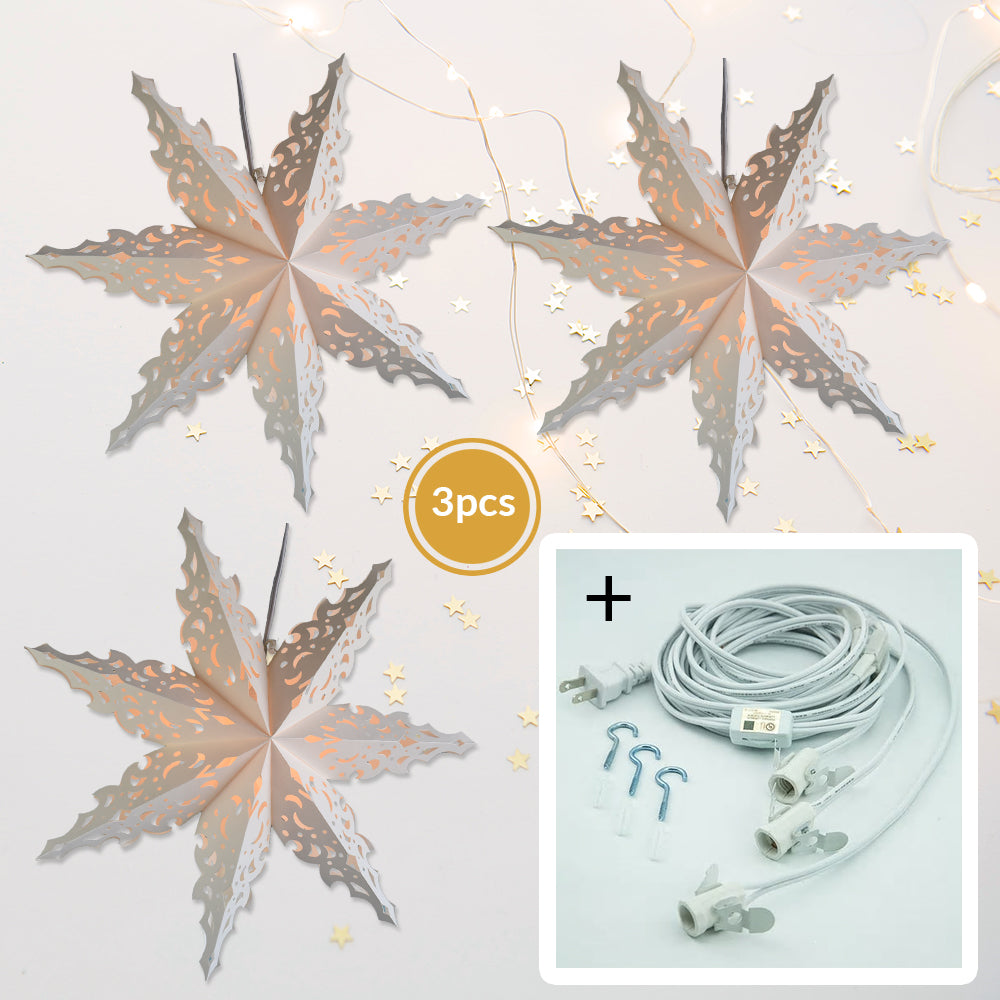3-PACK + Cord | White Winter North Star 24&quot; Pizzelle Designer Illuminated Paper Star Lanterns and Lamp Cord Hanging Decorations - PaperLanternStore.com - Paper Lanterns, Decor, Party Lights &amp; More