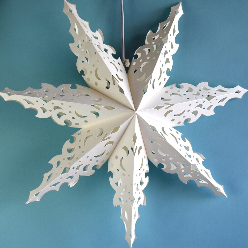 3-PACK + Cord | White Winter North Star 32" Pizzelle Designer Illuminated Paper Star Lanterns and Lamp Cord Hanging Decorations - PaperLanternStore.com - Paper Lanterns, Decor, Party Lights & More