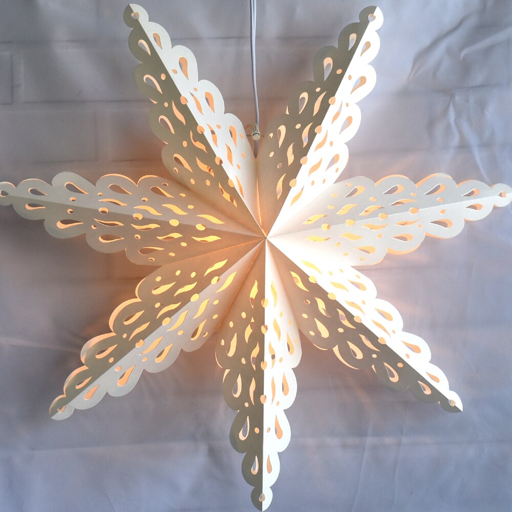 3-PACK + Cord | White Winter Holiday Spirit 32&quot; Pizzelle Designer Illuminated Paper Star Lanterns and Lamp Cord Hanging Decorations - PaperLanternStore.com - Paper Lanterns, Decor, Party Lights &amp; More