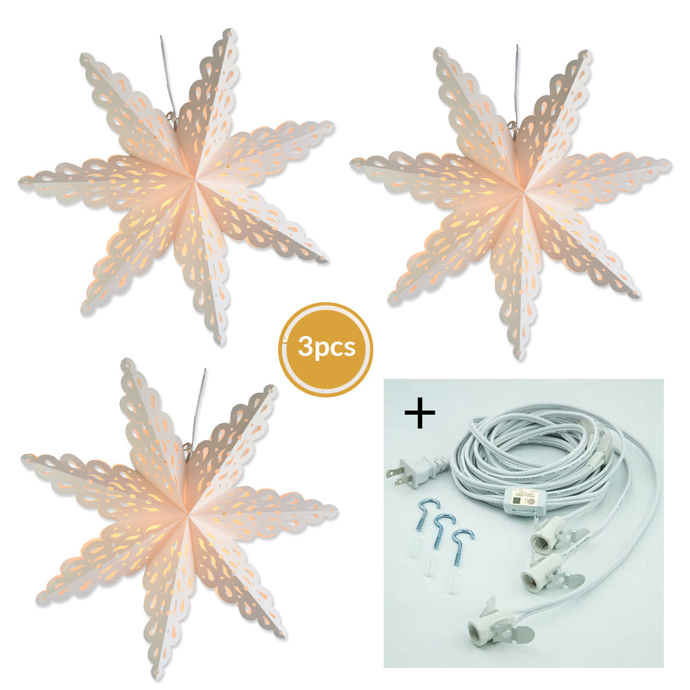 3-PACK + Cord | White Winter Holiday Spirit 32&quot; Pizzelle Designer Illuminated Paper Star Lanterns and Lamp Cord Hanging Decorations - PaperLanternStore.com - Paper Lanterns, Decor, Party Lights &amp; More
