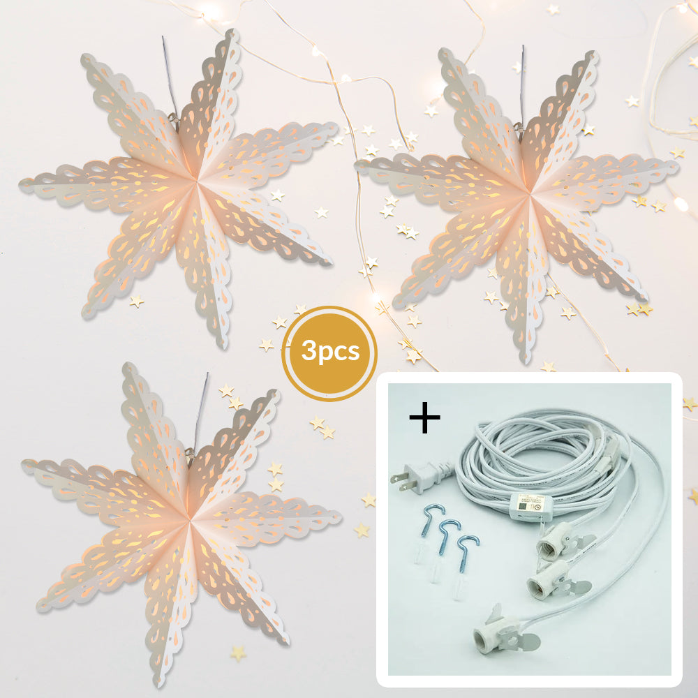 3-PACK + Cord | White Winter Holiday Spirit 32" Pizzelle Designer Illuminated Paper Star Lanterns and Lamp Cord Hanging Decorations - PaperLanternStore.com - Paper Lanterns, Decor, Party Lights & More