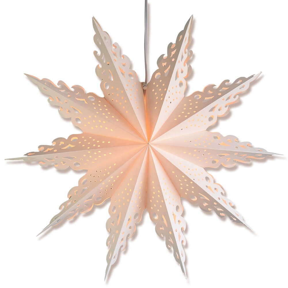 3-PACK + Cord | White Winter Ice Crystal 32&quot; Pizzelle Designer Illuminated Paper Star Lanterns and Lamp Cord Hanging Decorations - PaperLanternStore.com - Paper Lanterns, Decor, Party Lights &amp; More