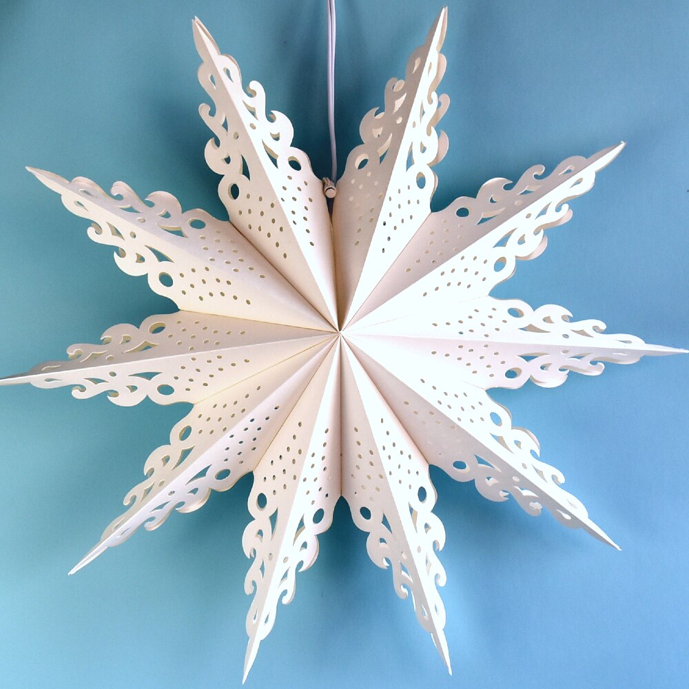 3-PACK + Cord | White Winter Ice Crystal 32&quot; Pizzelle Designer Illuminated Paper Star Lanterns and Lamp Cord Hanging Decorations - PaperLanternStore.com - Paper Lanterns, Decor, Party Lights &amp; More