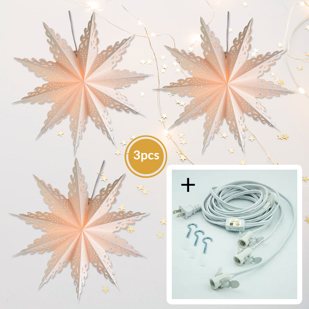 3-PACK + Cord | White Winter Ice Crystal 32&quot; Pizzelle Designer Illuminated Paper Star Lanterns and Lamp Cord Hanging Decorations - PaperLanternStore.com - Paper Lanterns, Decor, Party Lights &amp; More