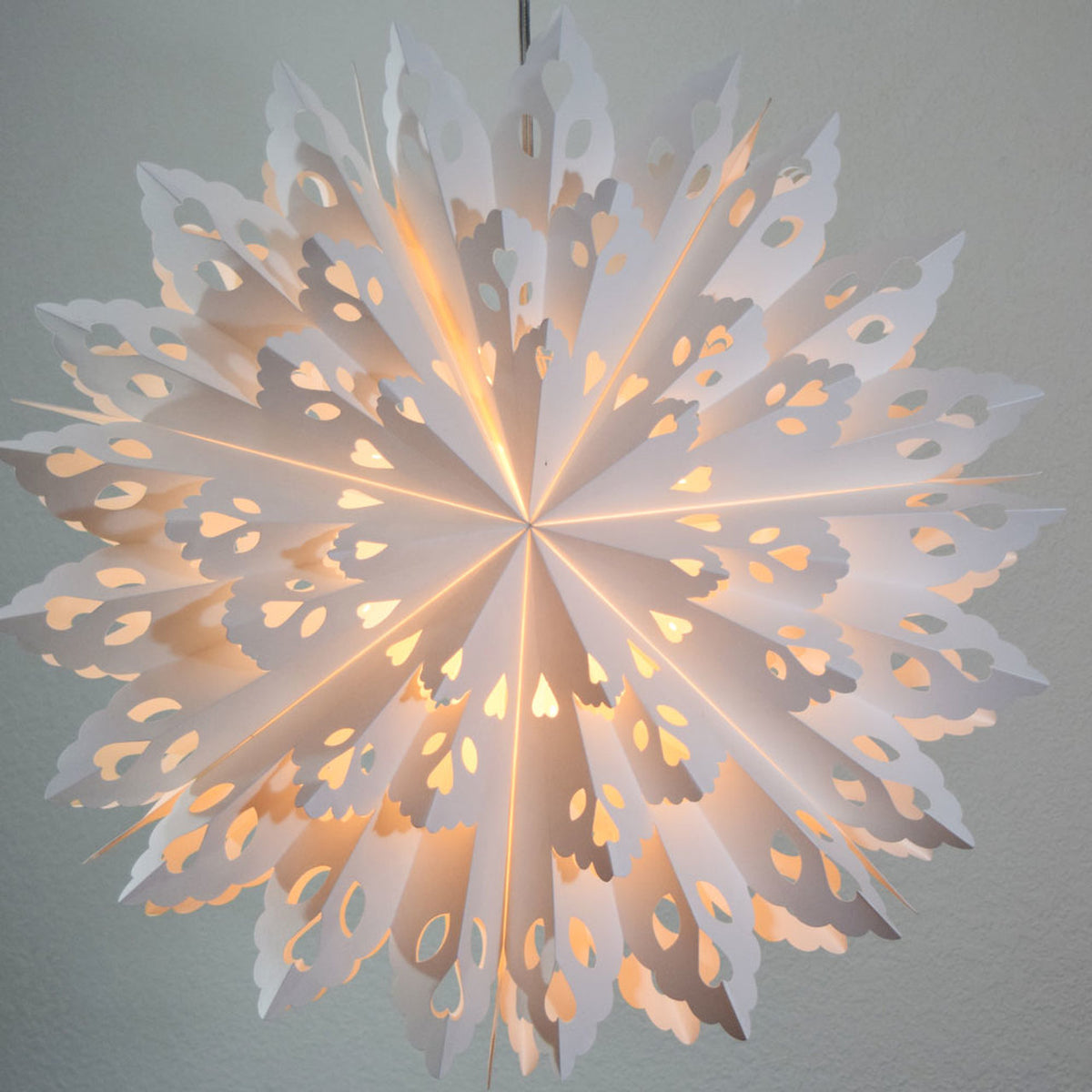 3-PACK + Cord | White Winter Wreath 32&quot; Pizzelle Designer Illuminated Paper Star Lanterns and Lamp Cord Hanging Decorations - PaperLanternStore.com - Paper Lanterns, Decor, Party Lights &amp; More