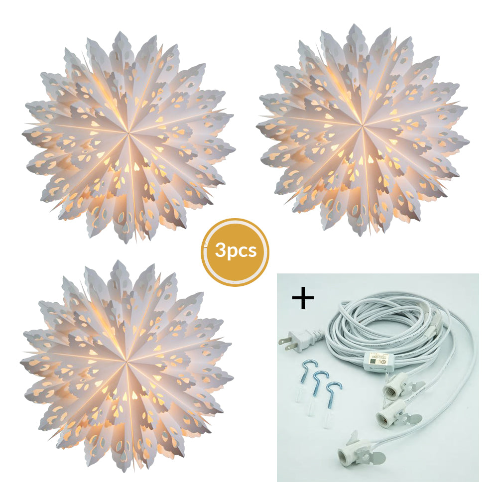 3-PACK + Cord | White Winter Wreath 32&quot; Pizzelle Designer Illuminated Paper Star Lanterns and Lamp Cord Hanging Decorations - PaperLanternStore.com - Paper Lanterns, Decor, Party Lights &amp; More