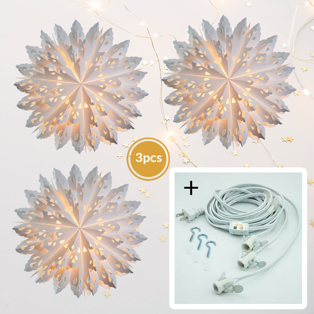 3-PACK + Cord | White Winter Wreath 32&quot; Pizzelle Designer Illuminated Paper Star Lanterns and Lamp Cord Hanging Decorations - PaperLanternStore.com - Paper Lanterns, Decor, Party Lights &amp; More