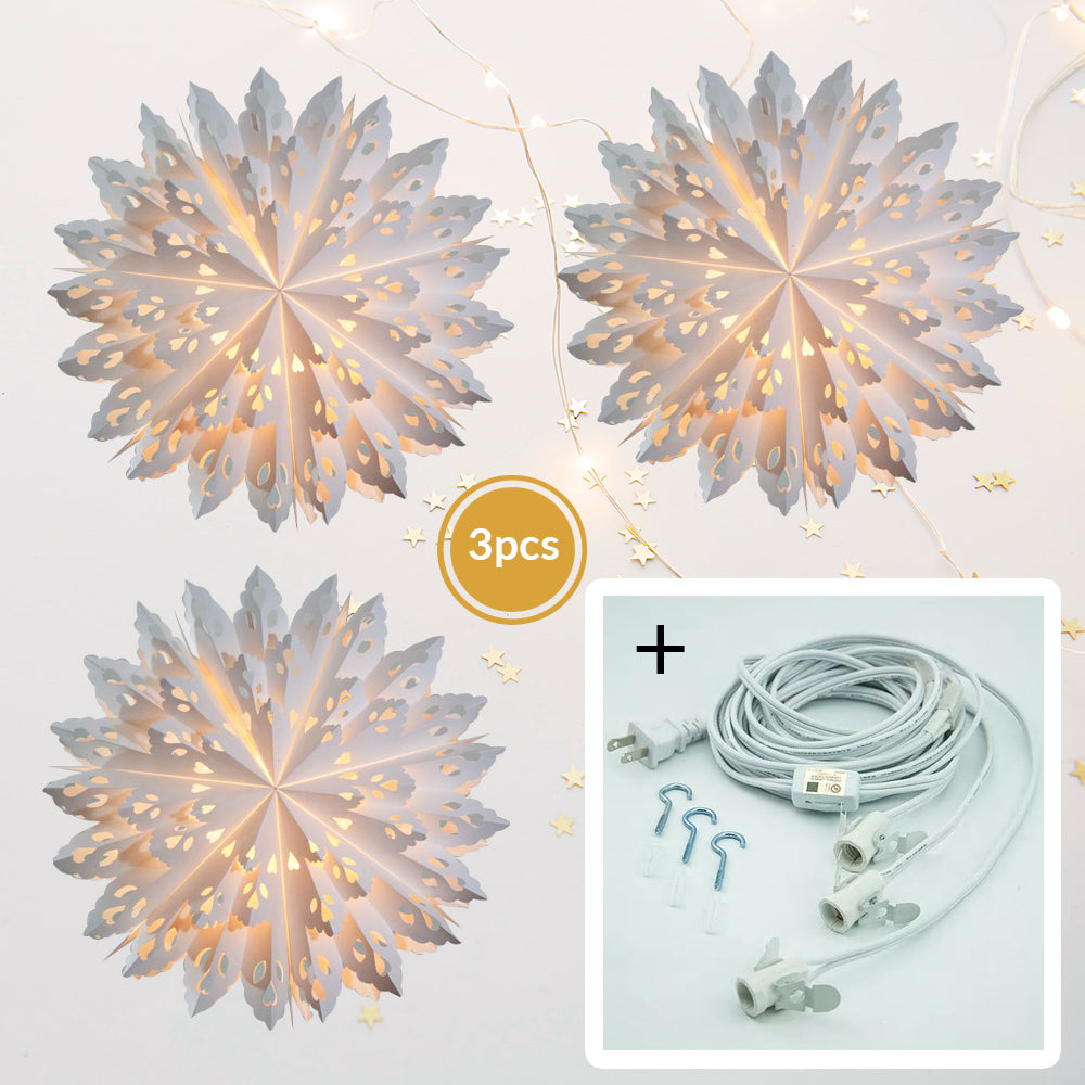3-PACK + Cord | White Winter Wreath 32" Pizzelle Designer Illuminated Paper Star Lanterns and Lamp Cord Hanging Decorations - PaperLanternStore.com - Paper Lanterns, Decor, Party Lights & More