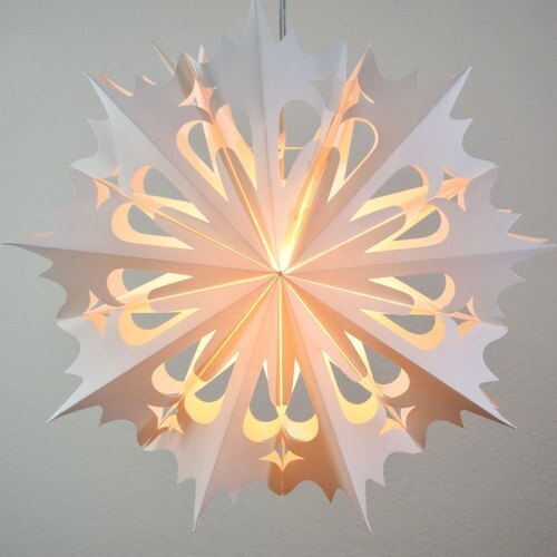 3-PACK + Cord | White Angelo 20&quot; Pizzelle Designer Illuminated Paper Star Lanterns and Lamp Cord Hanging Decorations - PaperLanternStore.com - Paper Lanterns, Decor, Party Lights &amp; More
