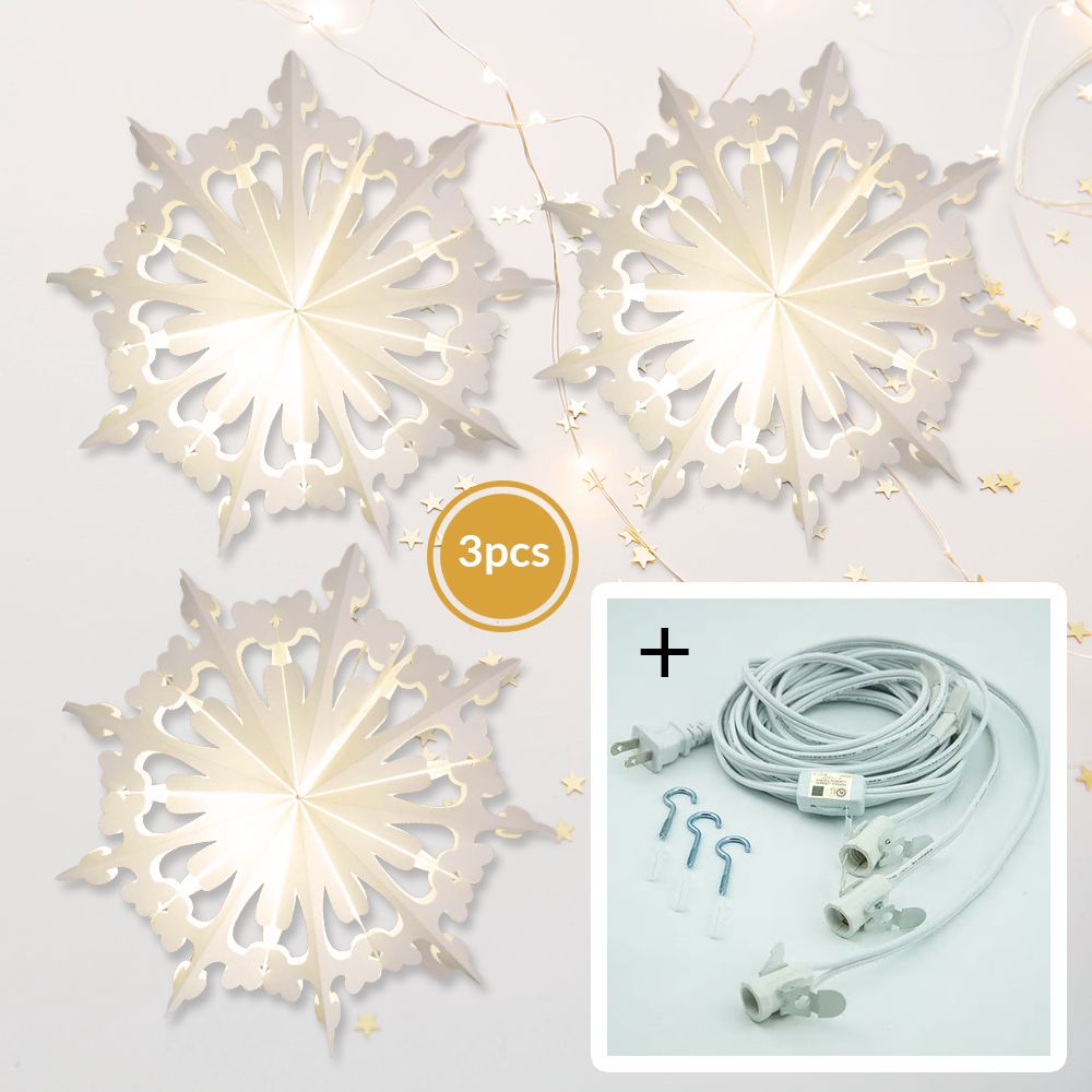 3-PACK + Cord | White Semplice 24&quot; Pizzelle Designer Illuminated Paper Star Lanterns and Lamp Cord Hanging Decorations - PaperLanternStore.com - Paper Lanterns, Decor, Party Lights &amp; More