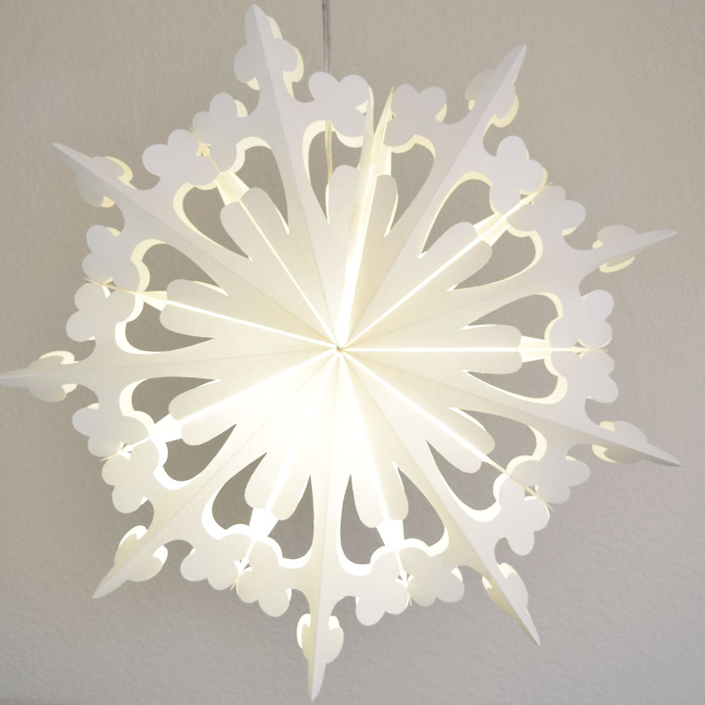 24" White Winter Clover Christmas Holiday Snowflake Paper Star Lantern, Hanging - PaperLanternStore.com - Paper Lanterns, Decor, Party Lights & More