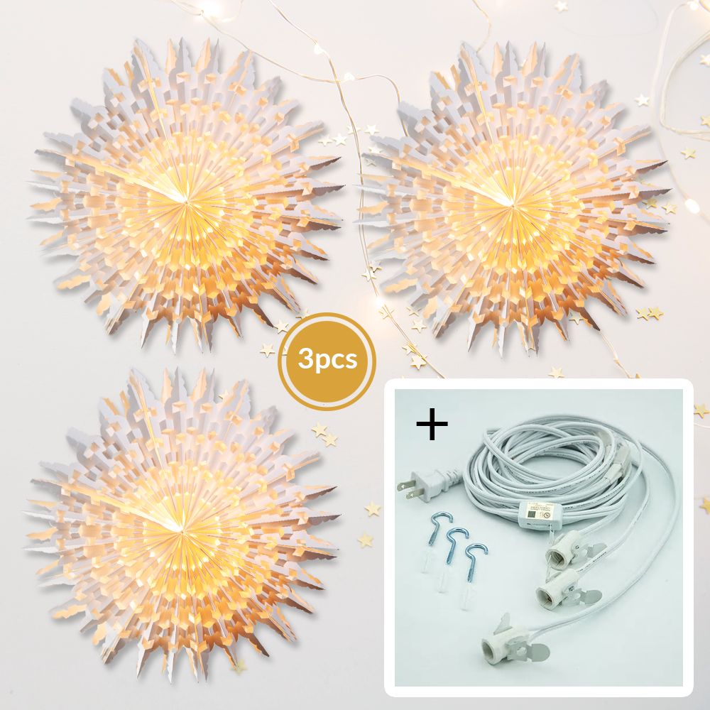 3-PACK + Cord | White Rasoio 24&quot; Pizzelle Designer Illuminated Paper Star Lanterns and Lamp Cord Hanging Decorations - PaperLanternStore.com - Paper Lanterns, Decor, Party Lights &amp; More