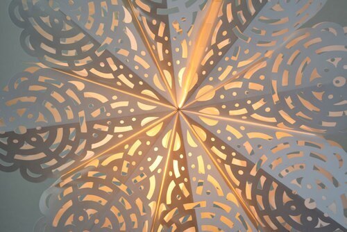 3-PACK + Cord | White Winter Frost 24&quot; Pizzelle Designer Illuminated Paper Star Lanterns and Lamp Cord Hanging Decorations - PaperLanternStore.com - Paper Lanterns, Decor, Party Lights &amp; More