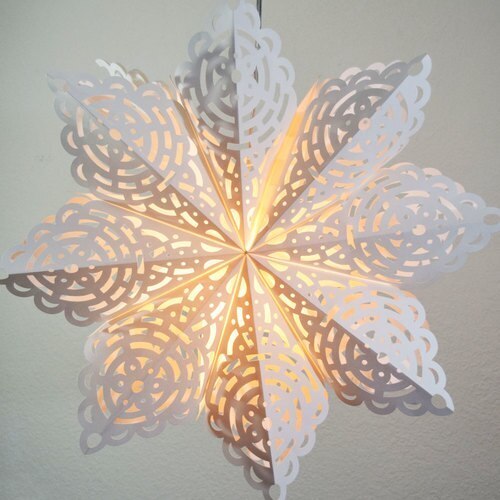 3-PACK + Cord | White Winter Frost 24&quot; Pizzelle Designer Illuminated Paper Star Lanterns and Lamp Cord Hanging Decorations - PaperLanternStore.com - Paper Lanterns, Decor, Party Lights &amp; More