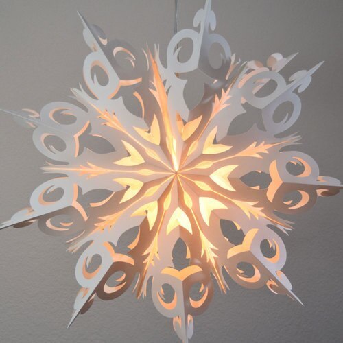 3-PACK + Cord | White Winter Frozen 24&quot; Pizzelle Designer Illuminated Paper Star Lanterns and Lamp Cord Hanging Decorations - PaperLanternStore.com - Paper Lanterns, Decor, Party Lights &amp; More