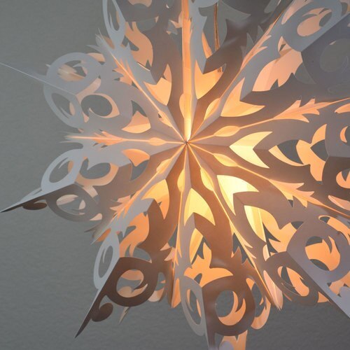 3-PACK + Cord | White Winter Frozen 24&quot; Pizzelle Designer Illuminated Paper Star Lanterns and Lamp Cord Hanging Decorations - PaperLanternStore.com - Paper Lanterns, Decor, Party Lights &amp; More