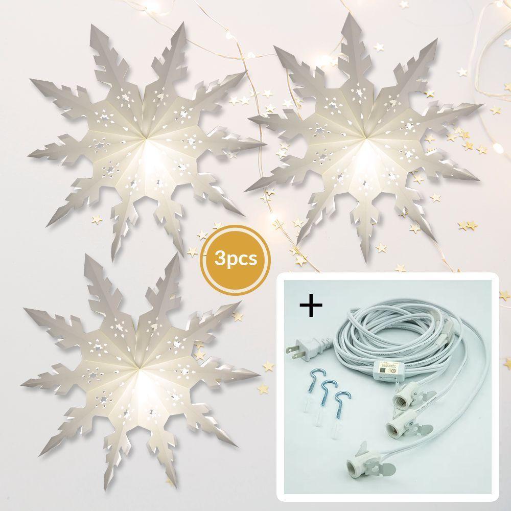 3-PACK + Cord | White Winter Peppermint 32" Pizzelle Designer Illuminated Paper Star Lanterns and Lamp Cord Hanging Decorations - PaperLanternStore.com - Paper Lanterns, Decor, Party Lights & More