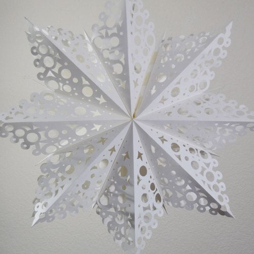 3-PACK + Cord | White Solstice 24&quot; Pizzelle Designer Illuminated Paper Star Lanterns and Lamp Cord Hanging Decorations - PaperLanternStore.com - Paper Lanterns, Decor, Party Lights &amp; More