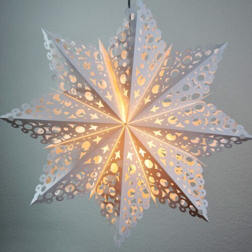 3-PACK + Cord | White Solstice 24&quot; Pizzelle Designer Illuminated Paper Star Lanterns and Lamp Cord Hanging Decorations - PaperLanternStore.com - Paper Lanterns, Decor, Party Lights &amp; More